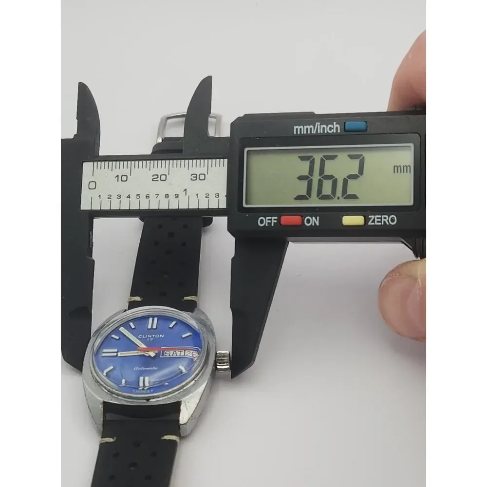Clinton Watch Men Automatic Vintage 17 Jewels WR Day Date Blue, New Band